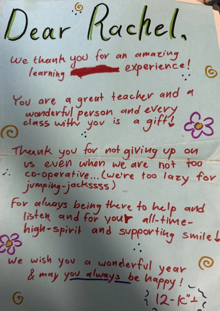 A handwritten thank-you note